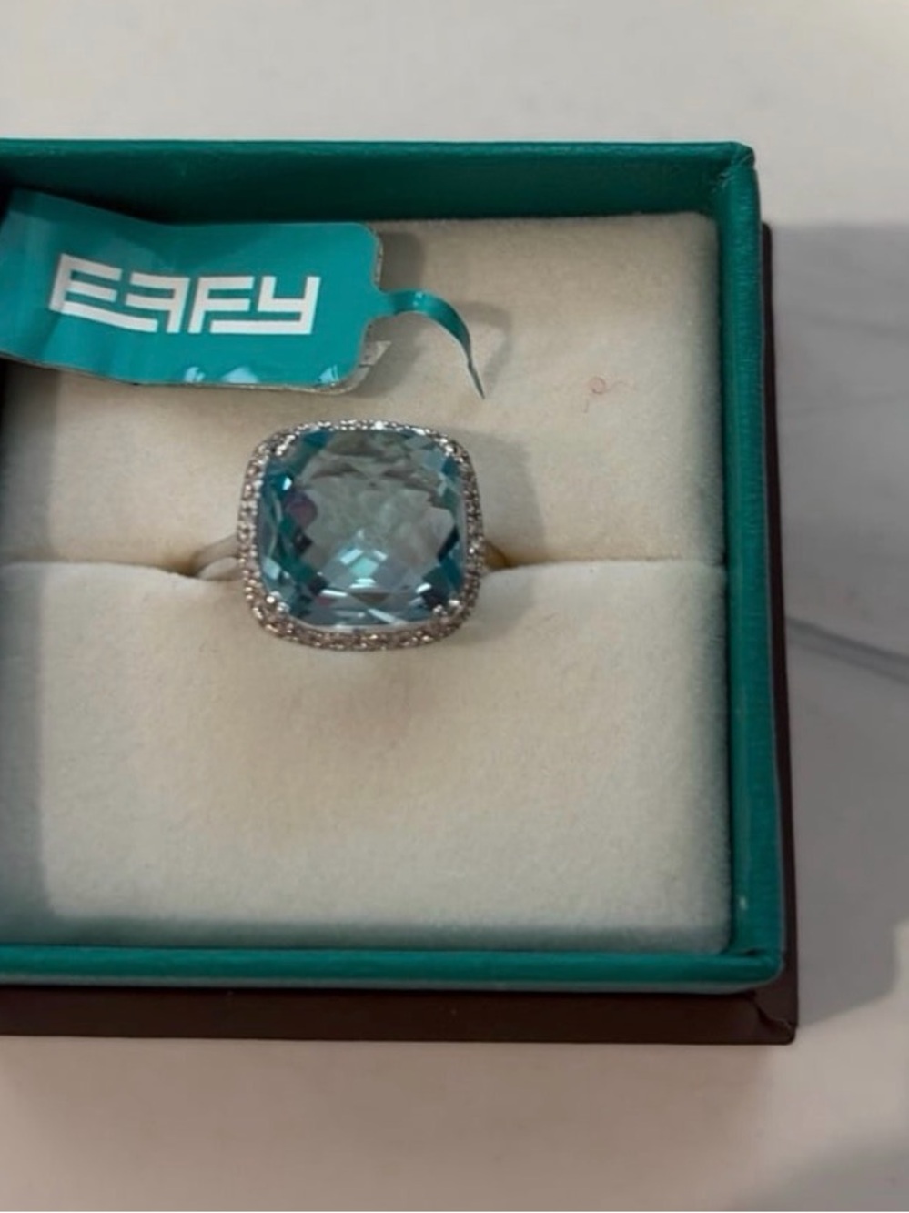 Effy Teal-Blue Cushion Halo Ring in Silver